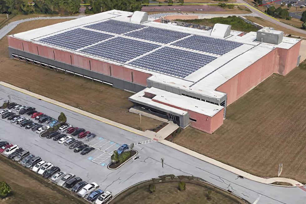 The roof of this secure facility is almost entirely covered with solar panels