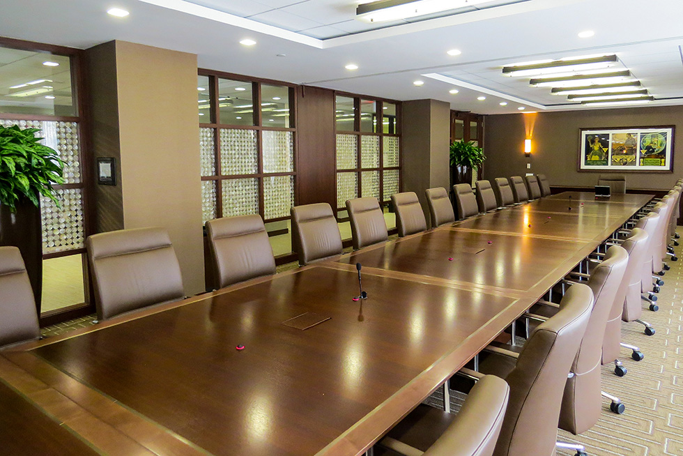 The ample boardroom easily accommodates representatives of the member banks, dignitaries, and distinguished guests. 