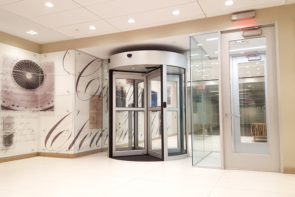 Secure lobby features super graphics of the organizations constitution and other historical documents