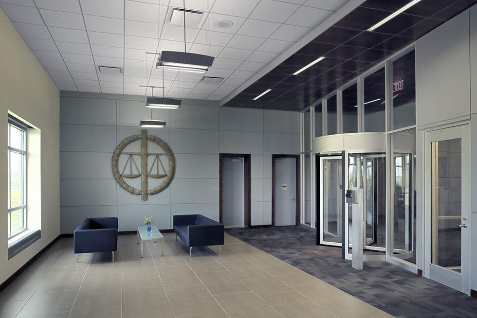 The entry lobby, outside of the secure facility includes meeting and conference rooms along with other amenities.