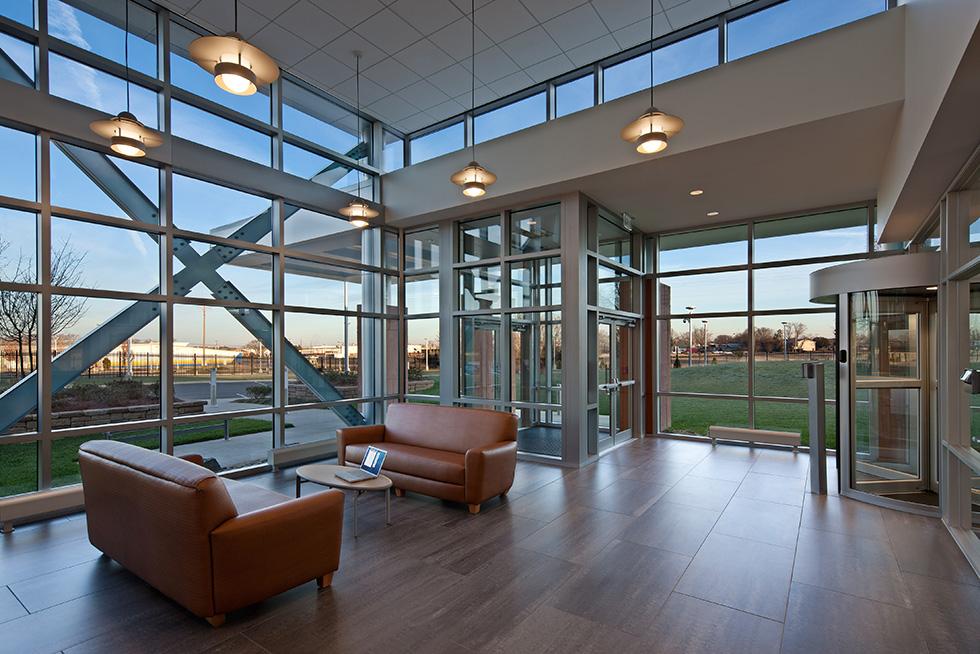 The entry pavilion includes guest amenities and meeting rooms outside of the secure data center