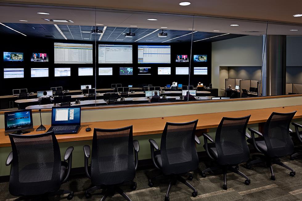 The gallery has a panoramic view of the command center and is used for additional staff seating to assist during DR events