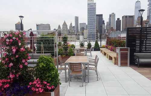 Roof garden with panoramic views of Manhattan. The financial district of lower Manhattan and the Freedom Tower is visible towards the South