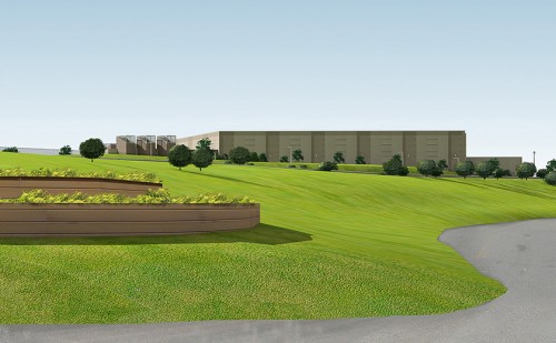 Exterior view of the Central, P.A., Enterprise Data Center Expansion shows natural and manmade security features including planters, berms, and landscape elements. 
