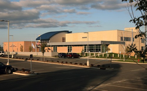 Main entrance of the Orange County Emergency Services Center viewed from the main parking area