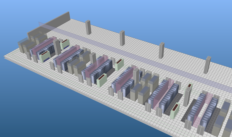 Phase I Build layout including access floor, perforated tiles, cabinets, cold aisle containment, racks, PDUs, RPPs, and CRACs