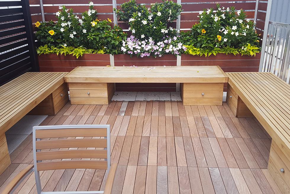 Wooden benches arranged in a 