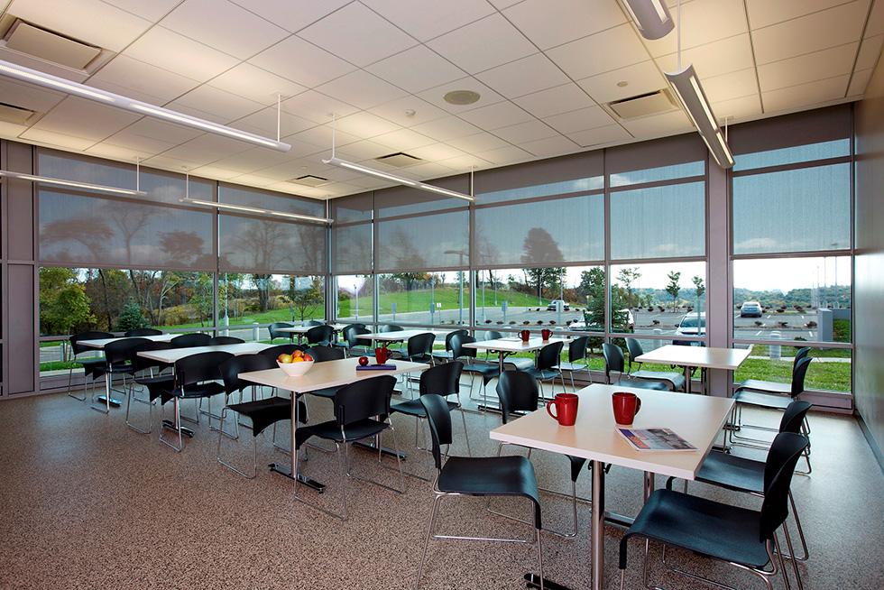 The large windows of the breakroom provide a great view and plenty of natural light