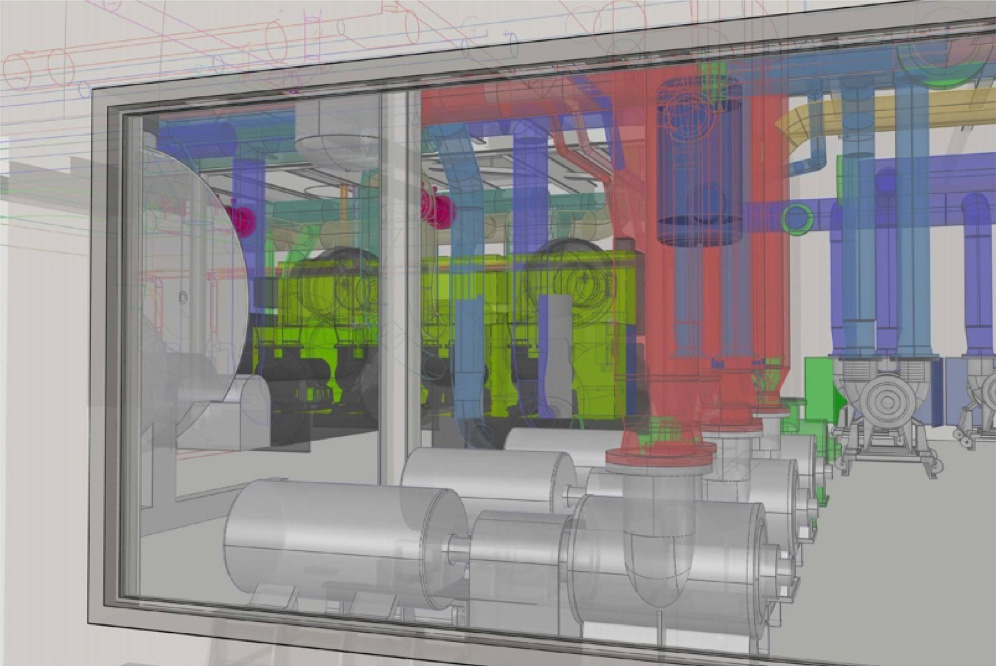 3D design image provides engineer's view from operator's office into the plant